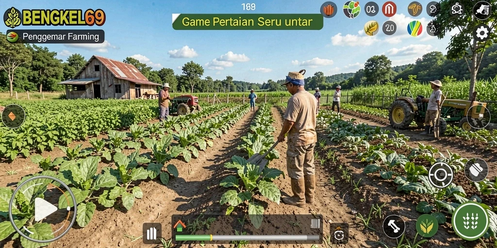 Tampilan gameplay yang menakjubkan dari BENGKEL69 dengan aktivitas pertanian.