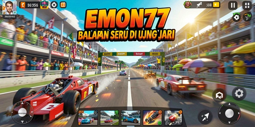 Screenshot gameplay EMON77 yang menampilkan aksi balapan yang mendebarkan.