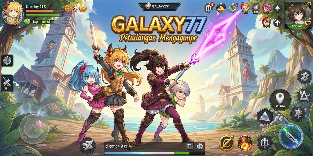 Tampilan dinamis GALAXY77 yang menampilkan aksi pertarungan karakter anime.