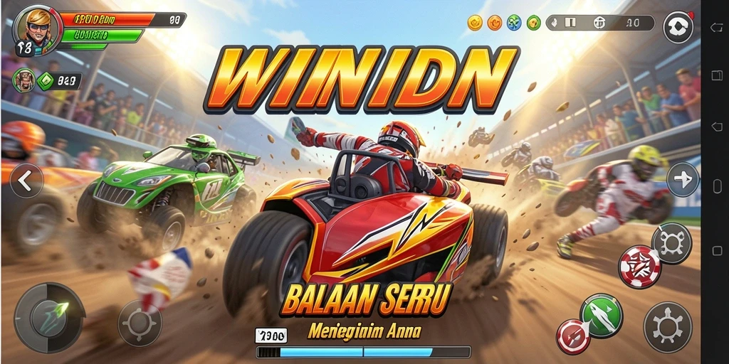 Tangkapan layar gameplay <strong>WINIDN</strong> menunjukkan aksi balapan yang dinamis dan mendebarkan.